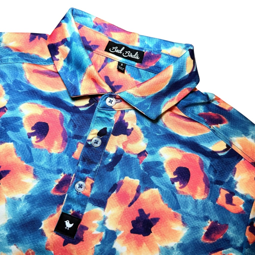 Bad Birdie Mens Small Blue Orange Floral Watercolor Golf Polo Shirt Short Sleeve